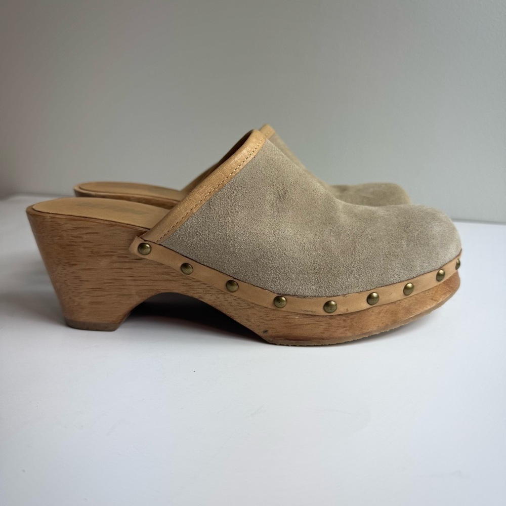 BONGO Vintage Y2K Wood Platform Tan/Taupe Suede Clog Mules Chunky Heel